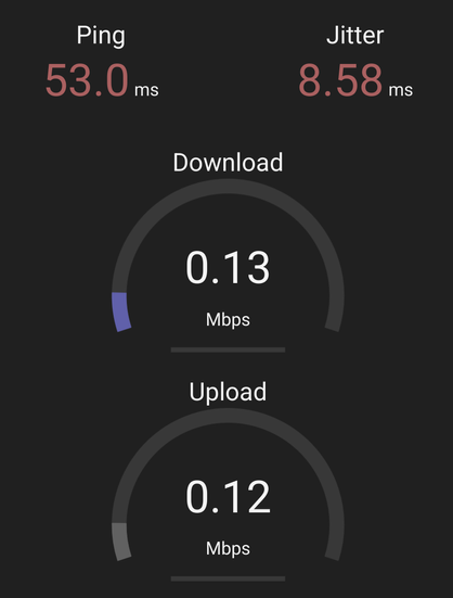 Screenshot from librespeed.org showing 0.13 Mbps downstream and 0.12 Mbps upstream bandwidth.