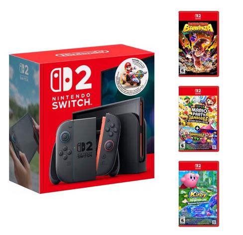 Image shows a Nintendo Switch console in a red box, labeled "Nintendo Switch 2," alongside three game cartridges: "Donkey Kong Bananza," "Super Mario Party Jamboree," and "Kirby: Forgotten Land."