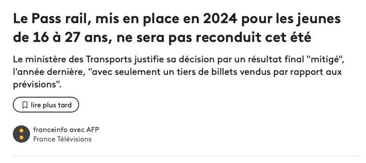 Le pass rail, mis en place en 2p24 pour les jeunes de 16 à 27 ans, ne sera pas reconduit cet été
