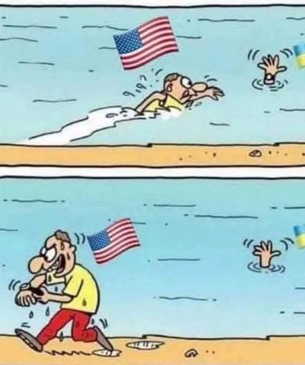 Ein Schwimmer mit USA-Flagge stiehlt einem Ertrinkenden die Uhr.