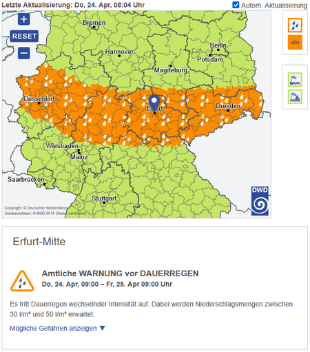 DWD-Warnkarte mit Dauerregenwarnungen über der Mitte Deutschlands (Stand: Donnerstag, 24.04.25 um 08:04 Uhr)
