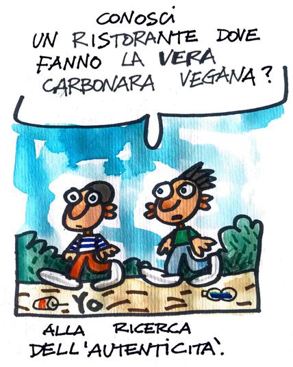 Due ragazzi che parlano - 'Conosci un ristorante dove fanno la VERA carbonara vegana?'