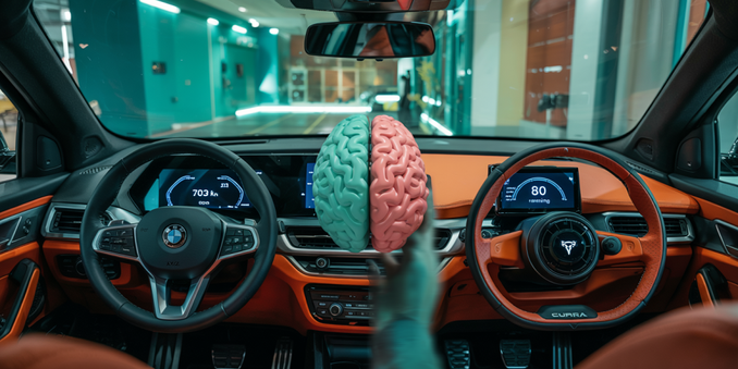 A conceptual photograph featuring a split composition highlighting the decision-making process between traditional and electric vehicles. The left side displays the interior of a BMW X2, showcasing its odometer reading "703 km," while the right side reveals a Cupra Born cockpit with a range indicator displaying "80 km remaining." A semi-transparent human brain delicately overlays the center, subtly connecting the two cockpits and suggesting the mental consideration of mileage versus range. Soft, diffused lighting emphasizes the contrast between the two vehicles, creating a clean, modern aesthetic with a shallow depth of field that draws attention to the instrument panels.