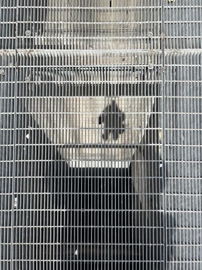 The large rectangular grid above an underground train tunnel. A human shadow on the grid itself, arms raised and elbows bent, bringing hands to face to hold the phone. Through the grid, the concrete spaces deep below and, where the grid shadow’s face would be, another shadow, smaller, denser, distant and dark.