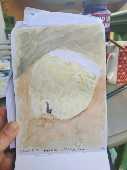 A water colour painting depicting a small figure sitting silhouetted against a bright background. The scene is looking out a cave entrance to a bright hillside.
