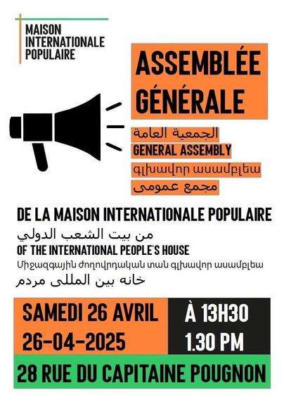 Assemblée générale (écrit en plusieurs langues) samedi 26 à 13h30