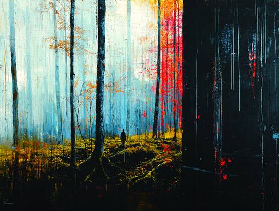 Seuil de Couleur.
Forêt vibrante entre lumière douce et ombres profondes, un personnage solitaire s’avance vers une frontière de couleurs éclatantes.
Vibrant forest between soft light and deep shadows, a solitary figure walks toward a threshold of glowing colors.