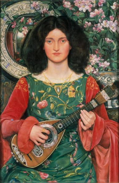 A stylised portrait of a young white woman with dark hair. She plays a lute and is richly dressed, her green overdress embroidered with flowers. behind her a vase overflows with flowers and a concave mirror in an elaborately detailed frame, reflects the distorted interior of a chapel with stained glass. The woman looks directly at the viewer, her green eyes devoid of emotion, the left eye is lazy and strays slightly.