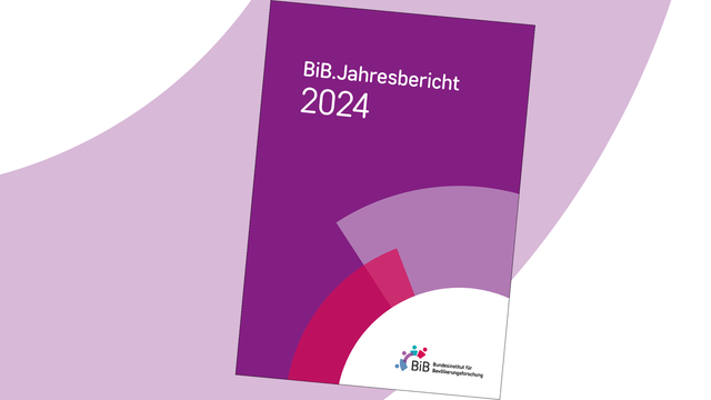 Cover des BiB.Jahresberichts 2024 vor weiß-lila Hintergund.