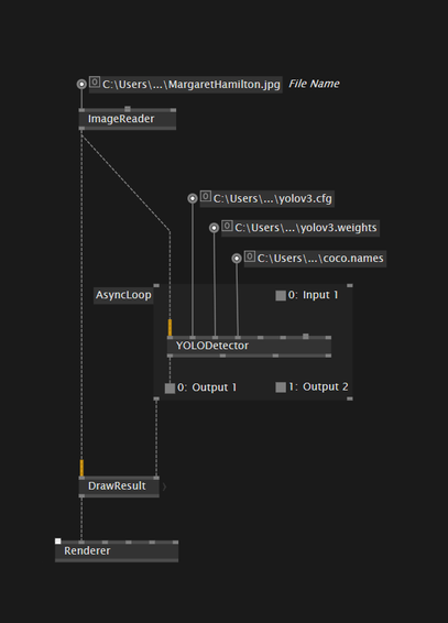 a simple vvvv patch showing a YoloDetector node in an AsyncLoop region