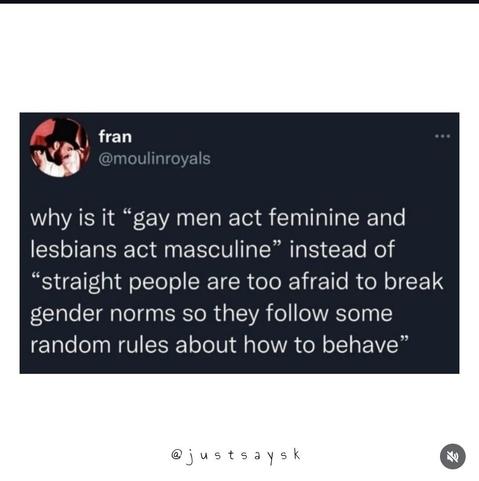 Why is it "gay men act feminine and lesbians act masculine" instead of "straight people are too afraid to break gender norms so they follow some random rules about how to behave"