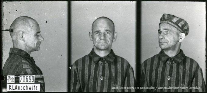 A mugshot registration photograph from Auschwitz. A man with a shaved head wearing a striped uniform photographed in three positions (profile and front with bare head and a photo with a slightly turned head with a hat on). The prisoner number is visible on a marking board on the left.