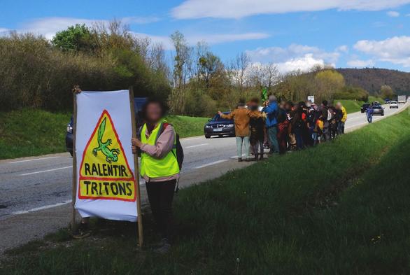 Manifestant⋅es en bord de route devant une banderole "Ralentir Tritons"