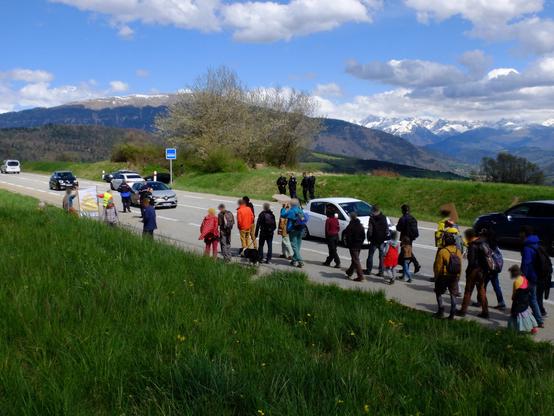 Manifestant⋅es marchant en bord de route.