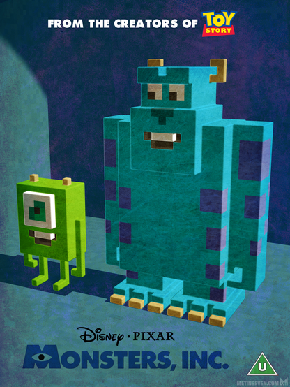 Poster design, featuring a voxel-styled Mike and Sulley from Pixar's Monsters, Inc. animation film.