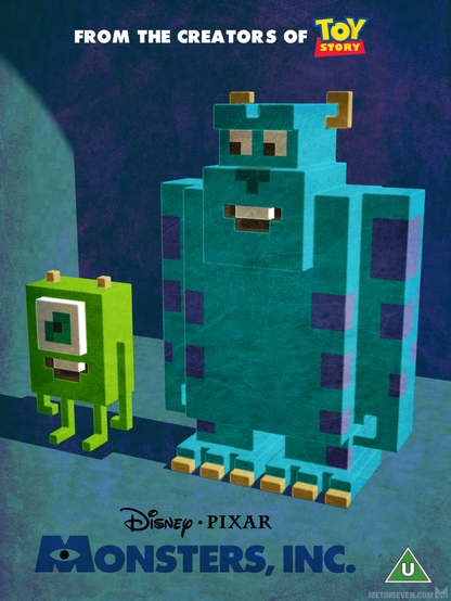 Poster design, featuring a voxel-styled Mike and Sully from Pixar's Monsters, Inc. animation film.