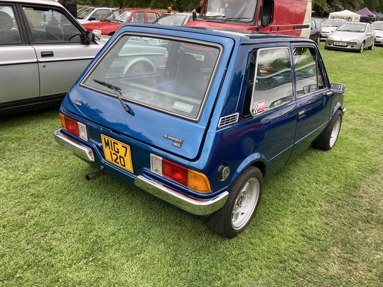 Blue metallic Innocenti Mini, rear quarter view