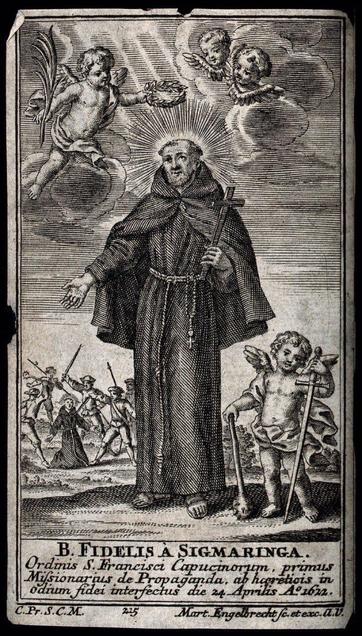 Engraving of a habited Fidelis with scene of his martyrdom in the background.