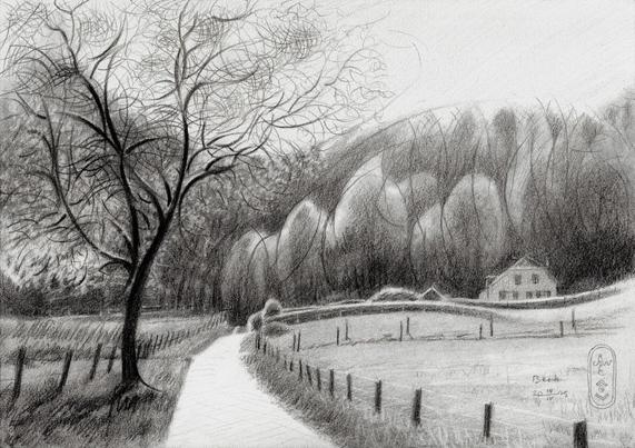 Natte Beek

This graphite pencil drawing ‘Beek – 14-04-25’ depicts a slighty cubist interpretation of an eponymous landscape. There’s this house called the ‘Natte Beek’ (‘Wet Rivulet’) which is funny. All rivulets, creeks or waters in general are wet, aren’t they? This actual spot is very well known to locals because it is a striking scenery. When you pass it via the Rijksstraatweg you’ll easily spot it. That’s because it is situated in an open field in the bushy hills of Beek. Many times I have seen it with childish curiosity sitting in a bus towards my grandmother in the Ooij. Especially in winter it looks like a gothic fairytale, looking forelorn in the woods. In summer it looks less threatening when meadows are all green. Spring has arrived and my outdoors sketching inclinations are growing. Therefor I thought it would be a good start using this spot as artistic motif.

Paper Strucure

Quite a while now since I made a last landscape really. My last one of Beek showed the old and the new Bartholomeuskerk in a cubistic approach. This time I had it in me to combine impressionism with cubism. This feeling appeared to exactly match the presupposition I had with regard to this Hahnemühle Bamboo sketch paper. Rather grainy of structure reacting to my pencil made me think of Ingres paper of the same brand. It happened to be that my soft 14B pencil scratched across the paper like a knife cuts through soft butter. Even rubbed out with a stump the structures still looked broken.