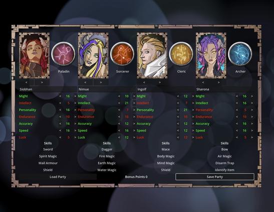 A screenshot of a Godot game project, showing a dialog for creating a party of four adventurers with different portraits, classes, attributes and skills. The project is functionally a replica of the party creator for the game Might and Magic 6, albeit with entirely custom art assets.