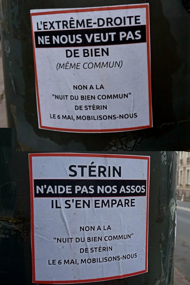 Etiquettes collées sur des poteaux : le premier indique "L'extrême-droite ne nous veut pas de bien (même commun)" et le deuxième "Stérin n'aide pas nos assos, il s'en empare" avec "Non à la nuit du bien commun de Stérin, le 6 mai, mobilisons-nous"