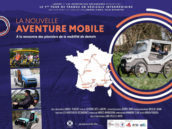 Affiche du film La Nouvelle Aventure Mobile, sous-titré "À la rencontre des pionniers de la mobilité de demain". On y voit une carte de la France avec l'itinéraire réalisé par le réalisateur, des photos de véhicules intermédiaires en circulation et les informations des partenaires du film