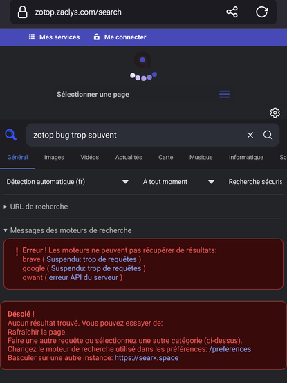 Capture d'écran du moteur de recherche Zotop sur Firefox Android.
