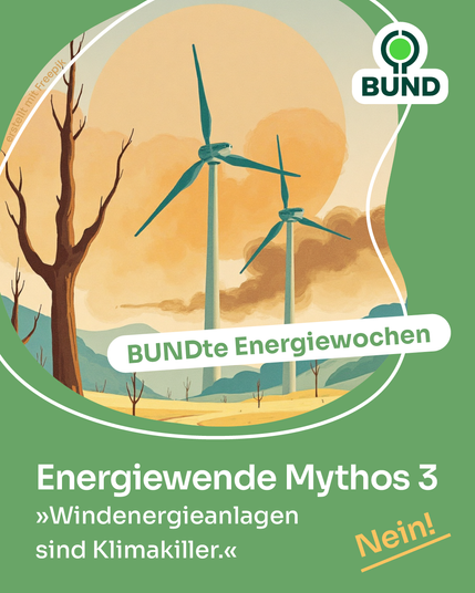 Illustration von zwei Windkraftanlagen in einer Landschaft mit trockenen Bäumen und einem großen Sonnenuntergang im Hintergrund. Oben rechts das Logo von BUND (Bund für Umwelt und Naturschutz Deutschland). In der Mitte ein Schriftzug „BUNDte Energiewochen“. Unten steht: „Energiewende Mythos 3 – 'Windenergieanlagen sind Klimakiller.'“ mit dem klaren Widerspruch „Nein!“ in Orange hervorgehoben.