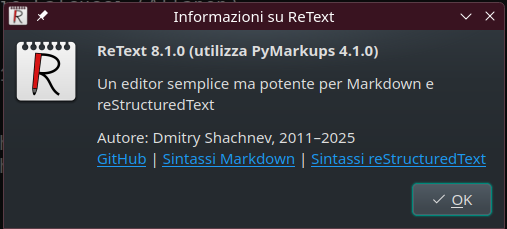The screenshot shows the about box of the ReText software.