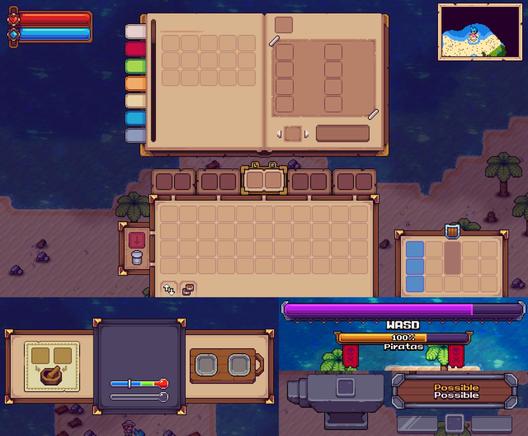 A collection of some of my UI work on the game Tinkerlands, I both remade or created from scratch almost all of the interface elements in-game.
Here you can see UI elements like the inventory, crafting and cooking menus, health and event bars, a minimap and a reforging menu