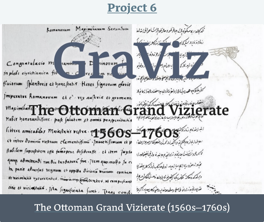 New link tile on the qhod.net start page pointing to the editions of "The Ottoman Grand Vizierate 1560s to 1760s". Image background is split between a latin language and script letter and an Ottoman Turkish arabopersian script letter.