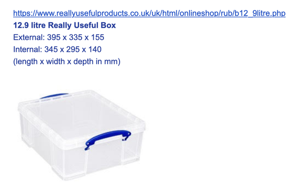 Short wide clear box. 12.9 litres.
Dimensions:
External: 395 x 335 x 155
Internal: 345 x 295 x 140
(length x width x depth in mm)