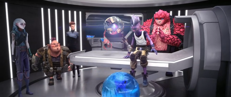 A shot of Dal sitting on a medbed in sickbay on the Protostar surrounded by Gwyn, Jankom, Hologram Janeway, Zero, Rok and Murf (who is in a transparent sphere).  From E115