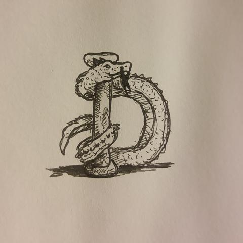 Ein Drache der sich um eine Säule windet und somit den Buchstaben D darstellt 
Skizze, s/w

A dragon winding around a pillar and thus representing the letter D 
Sketch, b/w