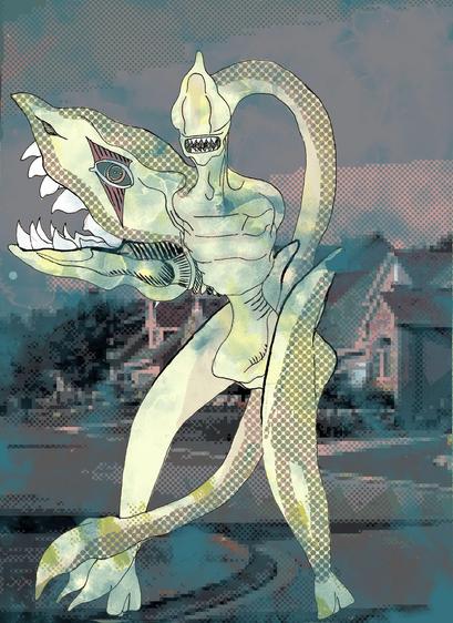 A gnetically modified biomechanical monster shark head on should like a wing tentacle coming from the back of it head no arms and a shell like head.