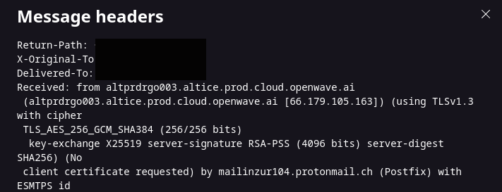 Screenshot of partial message header showing one of my email addresses getting spoofed using Openwave.ai infrastructure