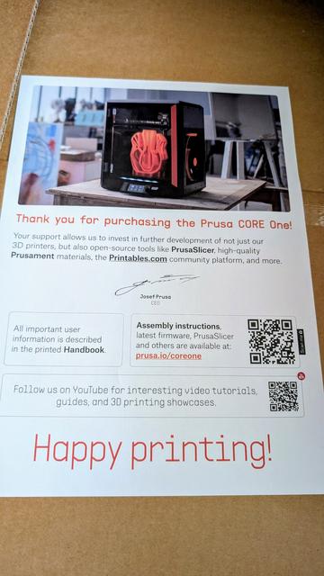 Děkovný leták: Thank you for purchasing the Prusa CORE One!
