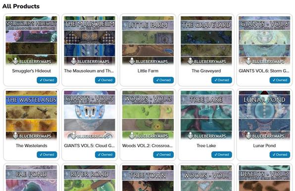 Una lista de mis mapas en Roll 20, consistente en todas las portadas visibles de la captura de pantalla, todas alienadas en una cuadrícula de filas de 5. ALgunas salen cortadas porque es una captura y claro, se recorta.