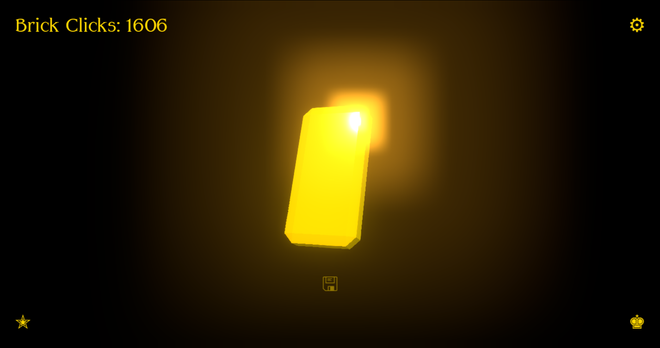 A screenshot from Gold Brick Simulator, showing a large 3D gold brick in the centre of the screen with a prominent bloom effect on a shining corner. The UI in the top left of the screen reads "Brick Clicks: 1606" and symbols representing options, achievements, and the leaderboard are visible in the other three corners.