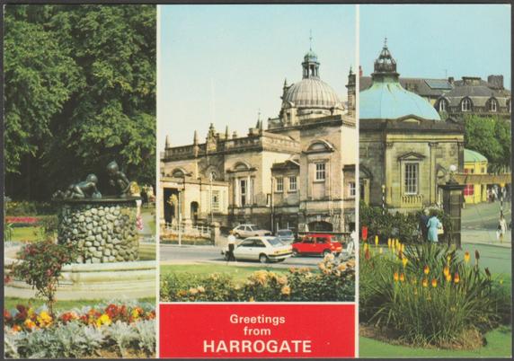 Printed colour multiview postcard showing three views of Harrogate in Yorkshire. Views shown are Valley Gardens, Royal Baths Assembly Rooms and the Royal Pump Room.

Published by E.T.W. Dennis & Sons Ltd, Scarborough, No 56 (H.0152L), c.1980.

Postally unused.

Very good condition, with very slight corner bumps.