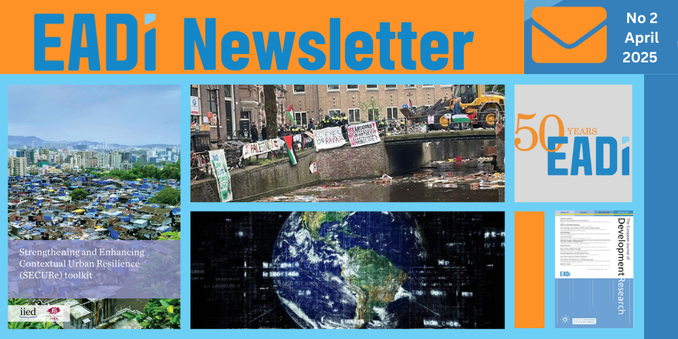 Text saying "EADI Newsletter No2 April 2025" and title images of publications and news featured in the edition
