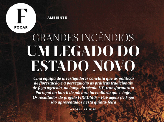 Cabeçalho da reportagem com o título "Grandes Incêndios: Um legado do Estado Novo" e o subtítulo "Uma equipa de investigadores concluiu que as políticas de florestação e a perseguição às práticas tradicionais de fogo agrícola, ao longo do século XX, transformaram Portugal no barril de pólvora incendiária que é hoje. Os resultados do projeto FIREUSES - Paisagens de Fogo são apresentados nesta quinta-feira". O autor é Luís Ribeiro.