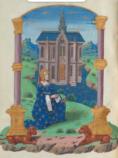 Enluminure extraite du Ms. Français 1680, f°12v. Elle représente au centre un temple (sous la forme d'une église) placé au milieu d'une rivière et encadré de montagnes. Devant le temple, accroupie, une femme vêtue d'un long manteau bleu semé de fleurs de lis et avec une coiffe dorée. Le tout est encadré par deux colonnes baguées violettes, dont les bases reposent sur des chiens allongés.