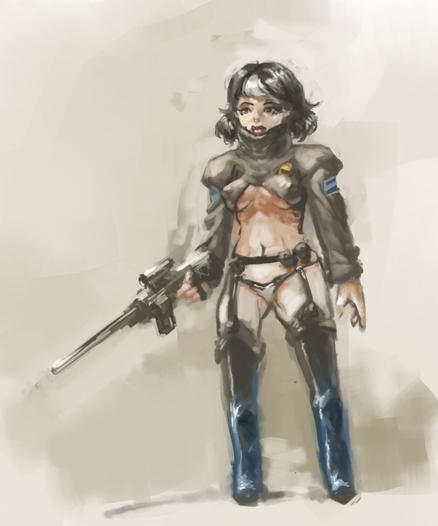 Digital pinup painting of girl in revealing pseudo military uniform and gun in hand