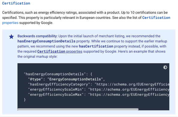 Google Merchant Center merchant listing structured data documentation to removed the EnergyConsumptionDetails properties and added an alternative solution to the certificationIdentification property but noted backward
