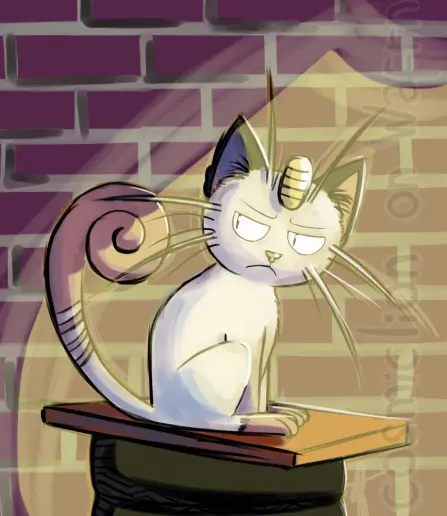 Digital fully rendered illustration of Clyde, a meowth. His whiskers are longer than a regular meowth's and his tail has three brown stripes near the tip. He is sitting on a wooden plank that is on top of two tires in a dark back alley and the only light comes from a streetlight that is out of frame. He is looking to the left with a frown. The background is a brick wall.