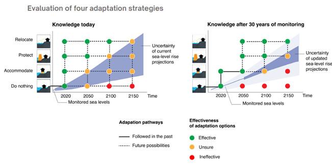 Figure showing how adaptation to Sea level rise can evolve through time with monitoring to assess the likley level of sea level rise given 4 different adaptation strategies: Relocate, Protect, Accomodate and Do Nothing