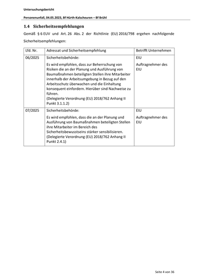 Untersuchungsbericht
Personenunfall, 04.05.2023, Bf Hürth‐Kalscheuren – Bf Brühl
1.4 Sicherheitsempfehlungen
Gemäß § 6 EUV und Art. 26 Abs. 2 der Richtlinie (EU) 2016/798 ergehen nachfolgende
Sicherheitsempfehlungen:
Lfd. Nr.
Adressat und Sicherheitsempfehlung
Betri
06/2025
Sicherheitsbehörde:
EIU
Es wird empfohlen, dass zur Beherrschung von
Risiken die an der Planung und Ausführung von
Baumaßnahmen beteiligten Stellen ihre Mitarbeiter
innerhalb der Arbeitsumgebung in Bezug auf den
Arbeitsschutz überwachen und die Einhaltung
konsequent einfordern. Hierüber sind Nachweise zu
führen.
(Delegierte Verordnung (EU) 2018/762 Anhang II
Punkt 3.1.1.2)
Au ragnehmer des
EIU
Sicherheitsbehörde:
EIU
Es wird empfohlen, dass die an der Planung und
Ausführung von Baumaßnahmen beteiligten Stellen
ihre Mitarbeiter im Bereich des
Sicherheitsbewusstseins stärker sensibilisieren.
(Delegierte Verordnung (EU) 2018/762 Anhang II
Punkt 2.4.1)
Au ragnehmer des
EIU
07/2025
Un…