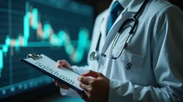 A doctor's jacket with a dollar sign on it with a candlestick chart background.