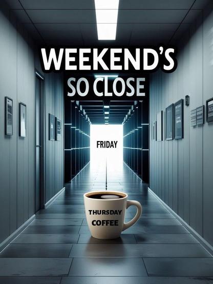 Thursday Coffee Mug in the hallway approaching the light at the end of the hallway that says "Friday" with the caption "Weekend's So Close"